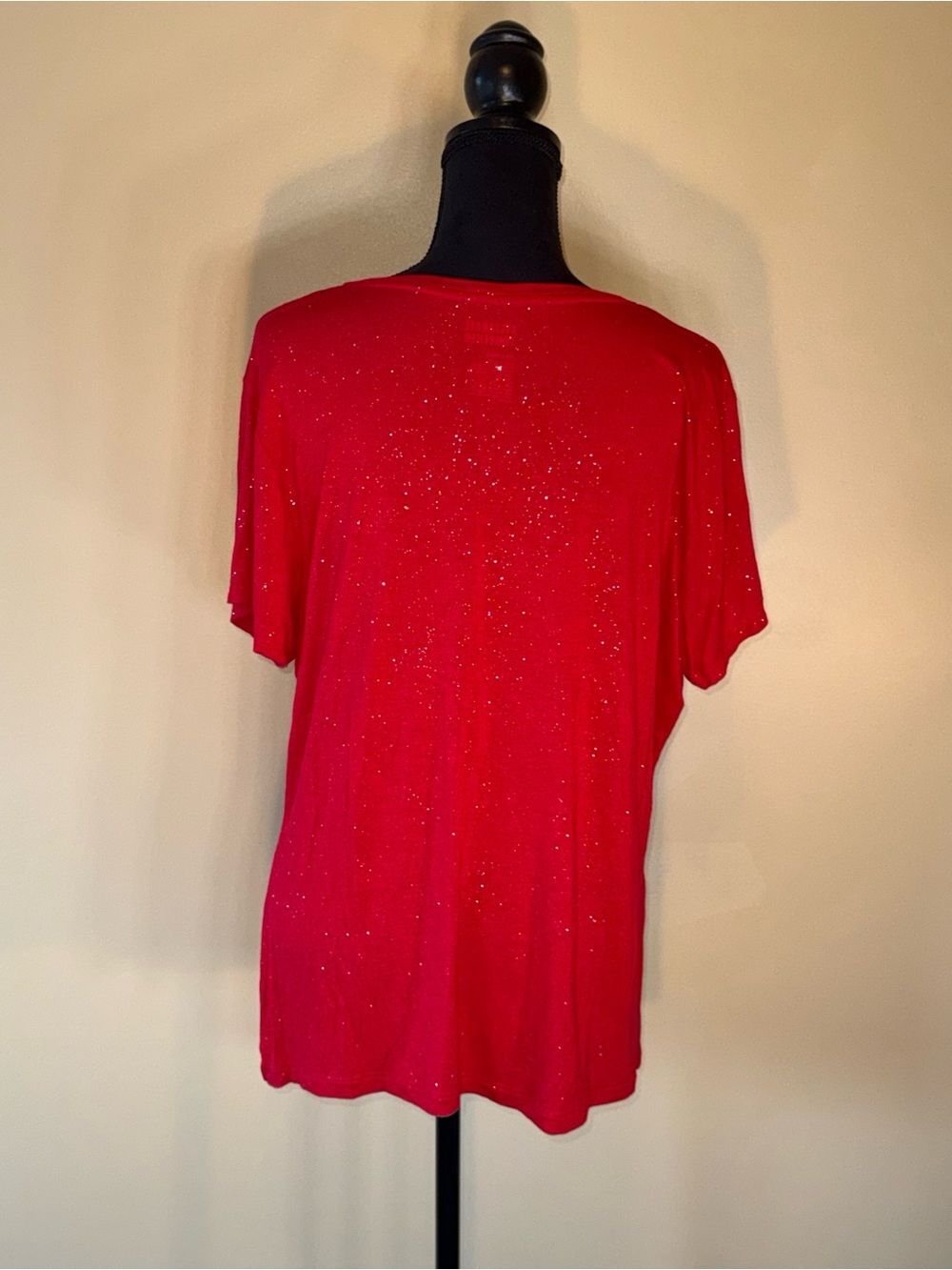 Celebrate Together Red Silver Sparkle V Neck Short Sleeve Tee Top Plus Size XXL - Picture 3 of 10